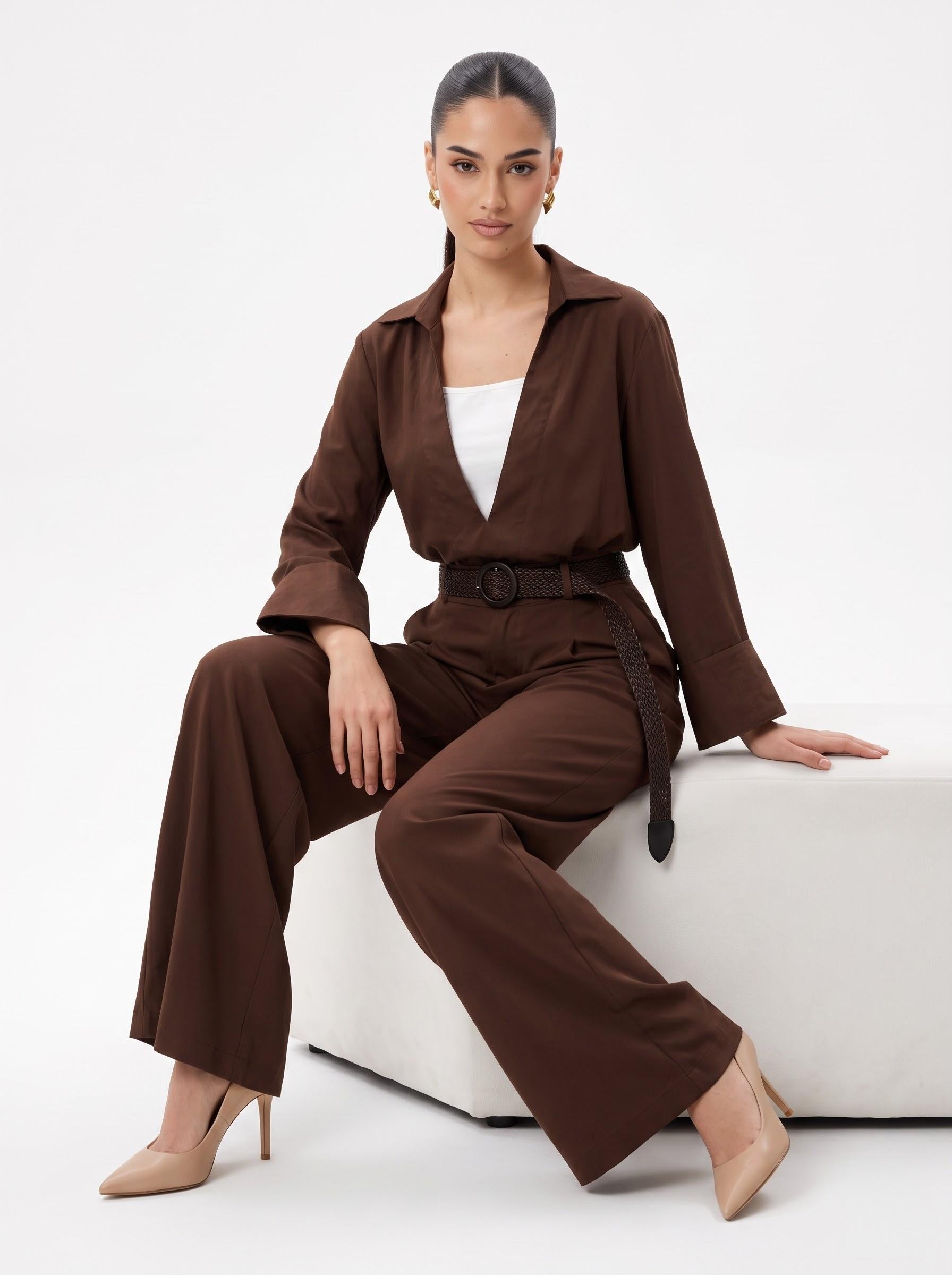 Deep V-Neck Shirt, Inner Cami, Leather Belt & Trousers mocha brown 4-Piece Set
