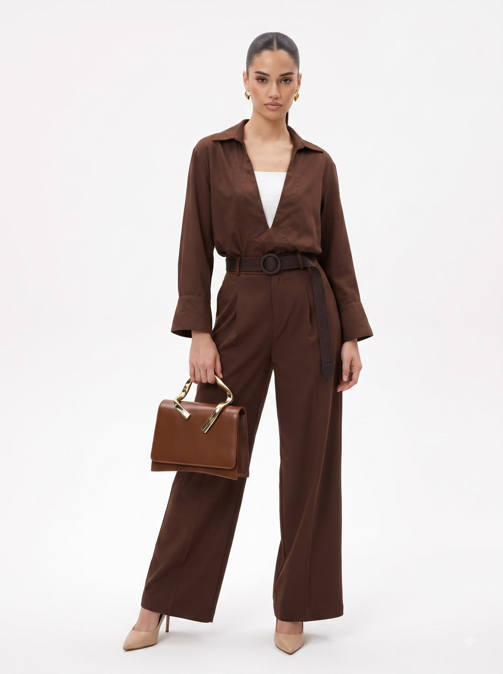 Deep V-Neck Shirt, Inner Cami, Leather Belt & Trousers mocha brown 4-Piece Set