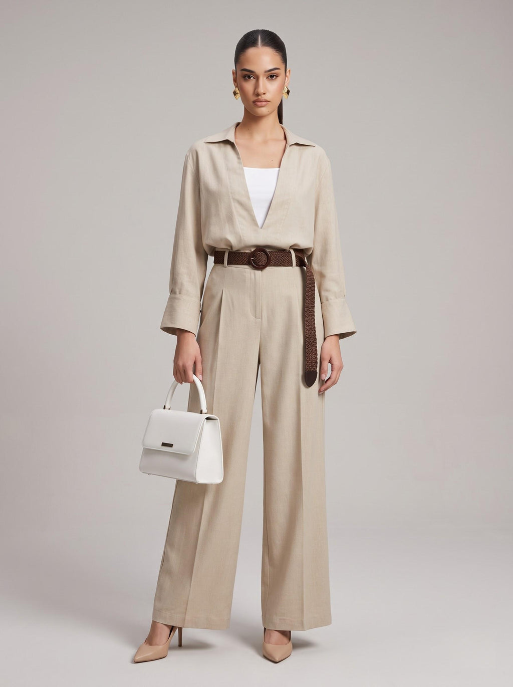 Deep V-Neck Shirt, Inner Cami, Leather Belt & Trousers beige 4-Piece Set