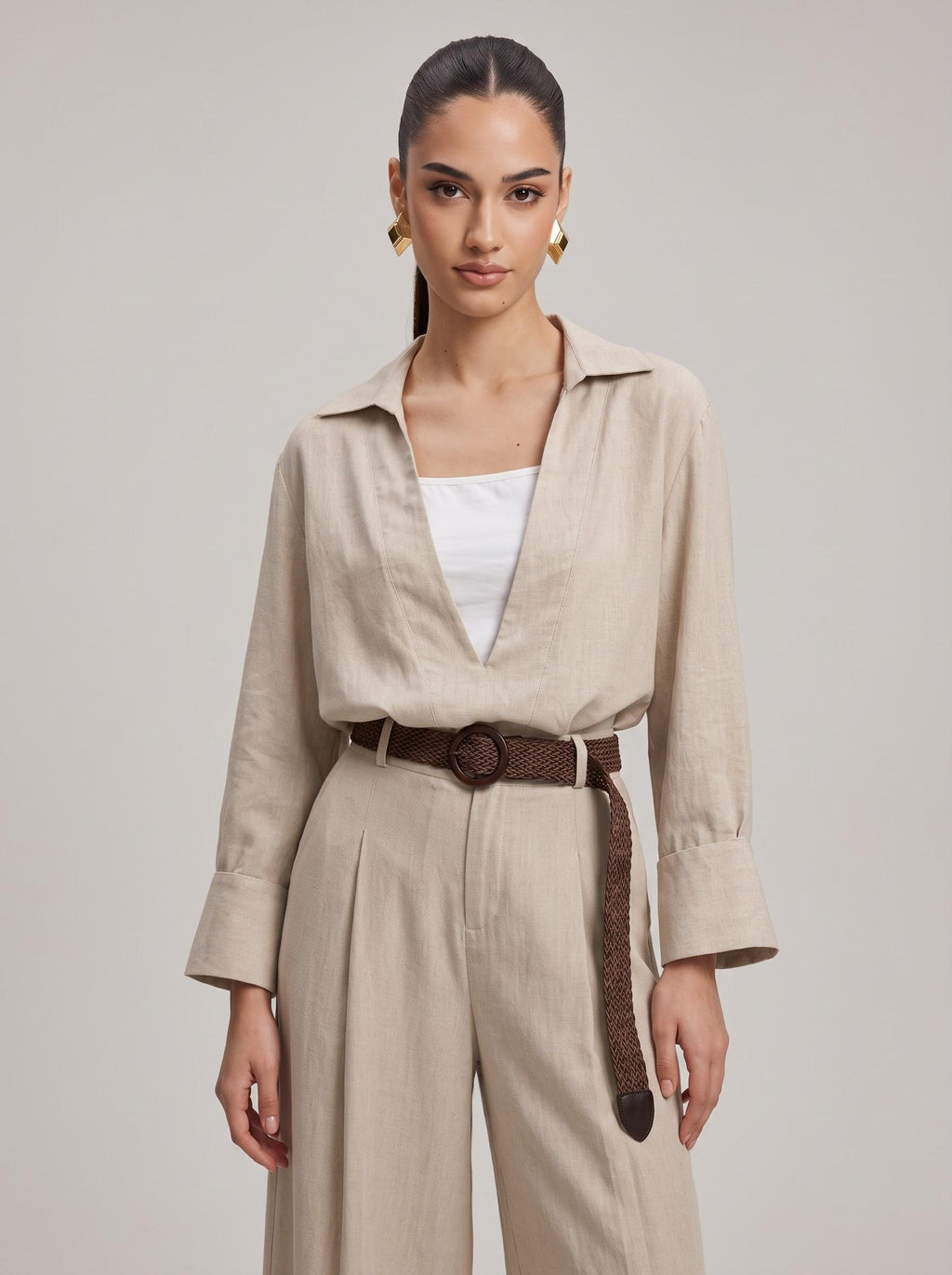 Deep V-Neck Shirt, Inner Cami, Leather Belt & Trousers beige 4-Piece Set