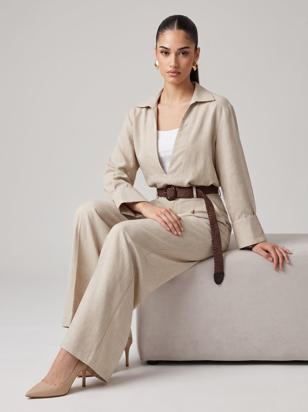 Deep V-Neck Shirt, Inner Cami, Leather Belt & Trousers beige 4-Piece Set