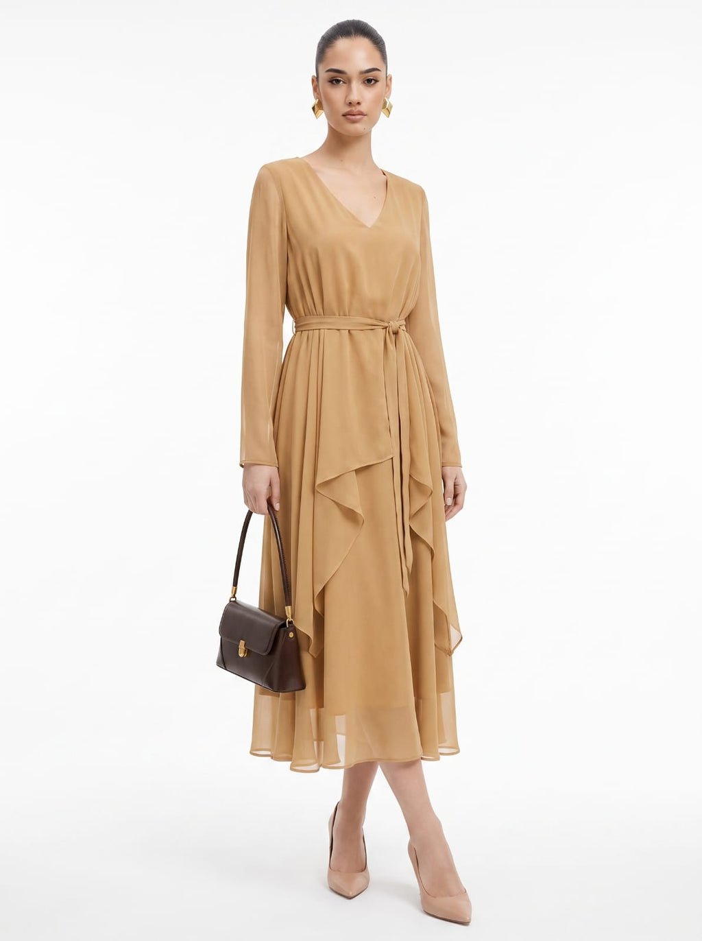 Belted nude brownChiffon Co-ord Top & Skirt Set