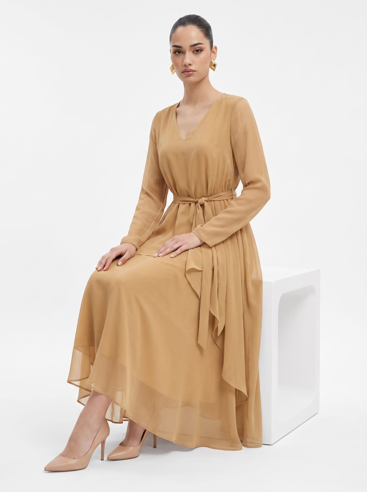 Belted nude brownChiffon Co-ord Top & Skirt Set