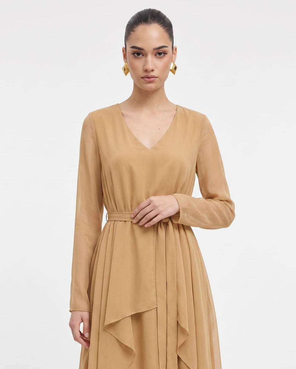 Belted nude brownChiffon Co-ord Top & Skirt Set