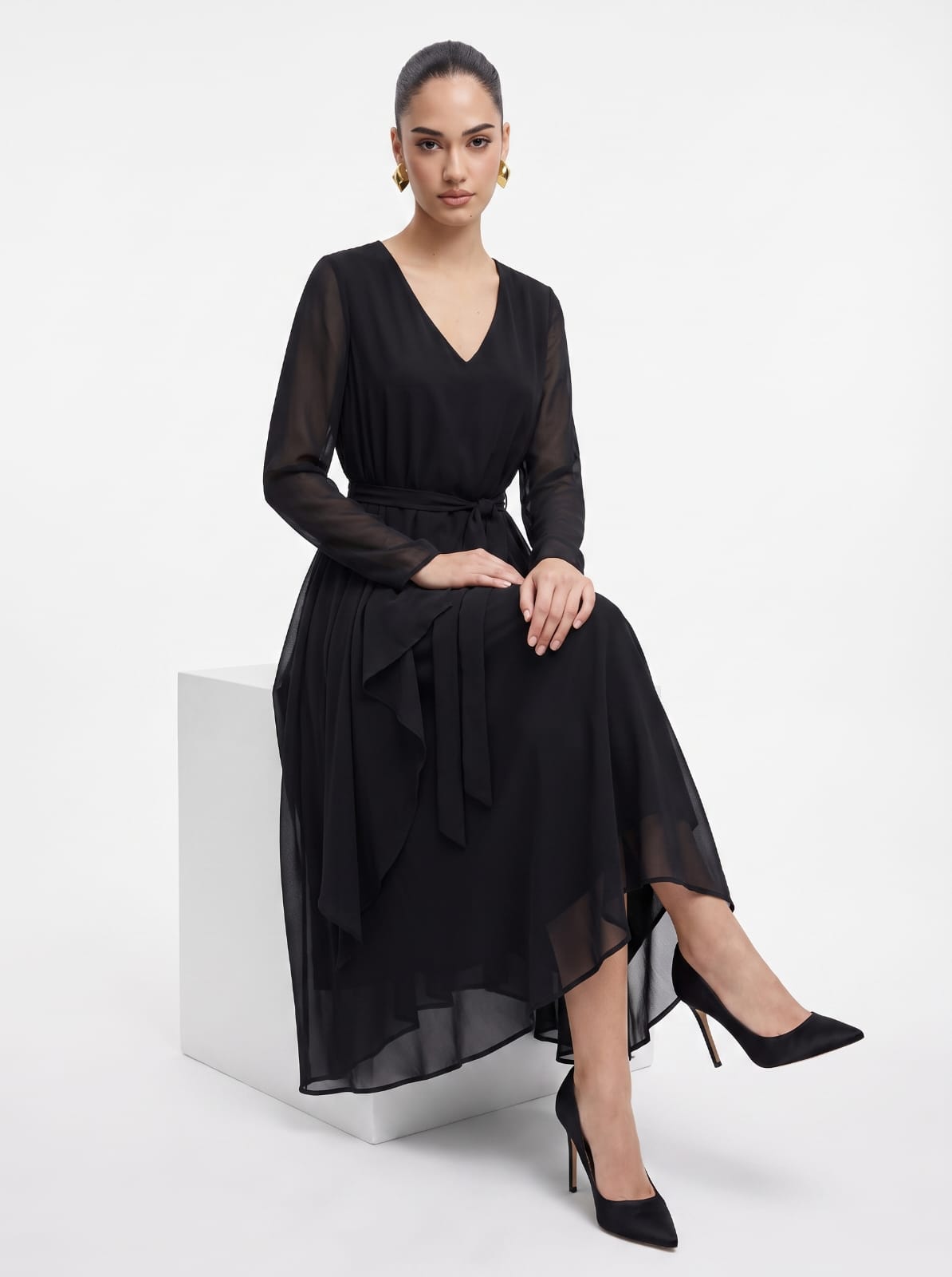 Belted Chocolate black Chiffon Co-ord Top & Skirt Set