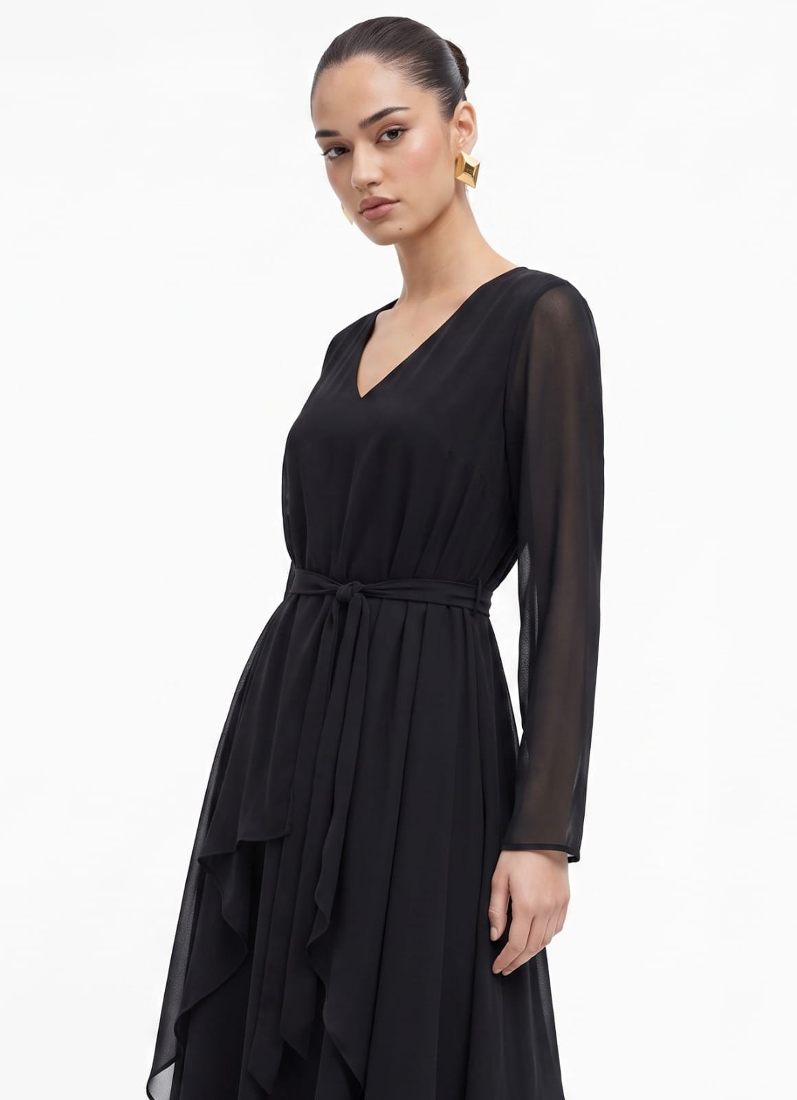 Belted Chocolate black Chiffon Co-ord Top & Skirt Set