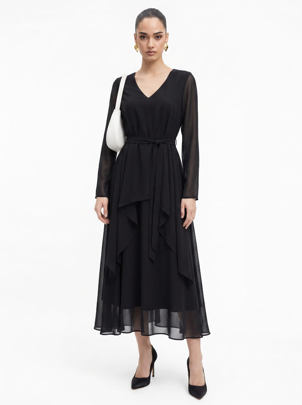 Belted Chocolate black Chiffon Co-ord Top & Skirt Set