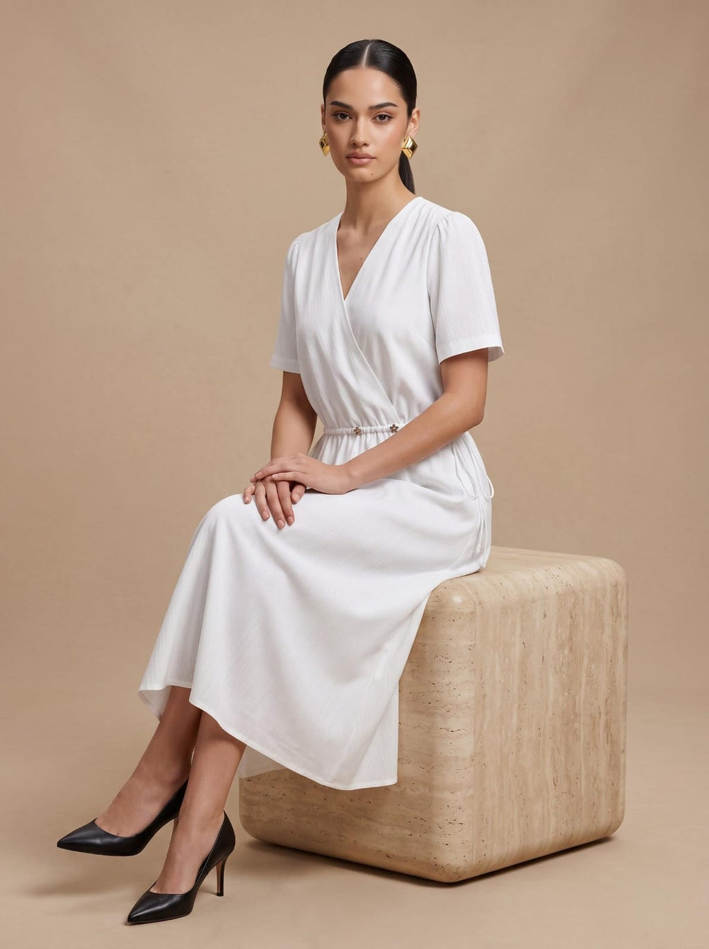 WHITE Textured Surplice V-Neck Midi Dress