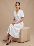 WHITE Textured Surplice V-Neck Midi Dress