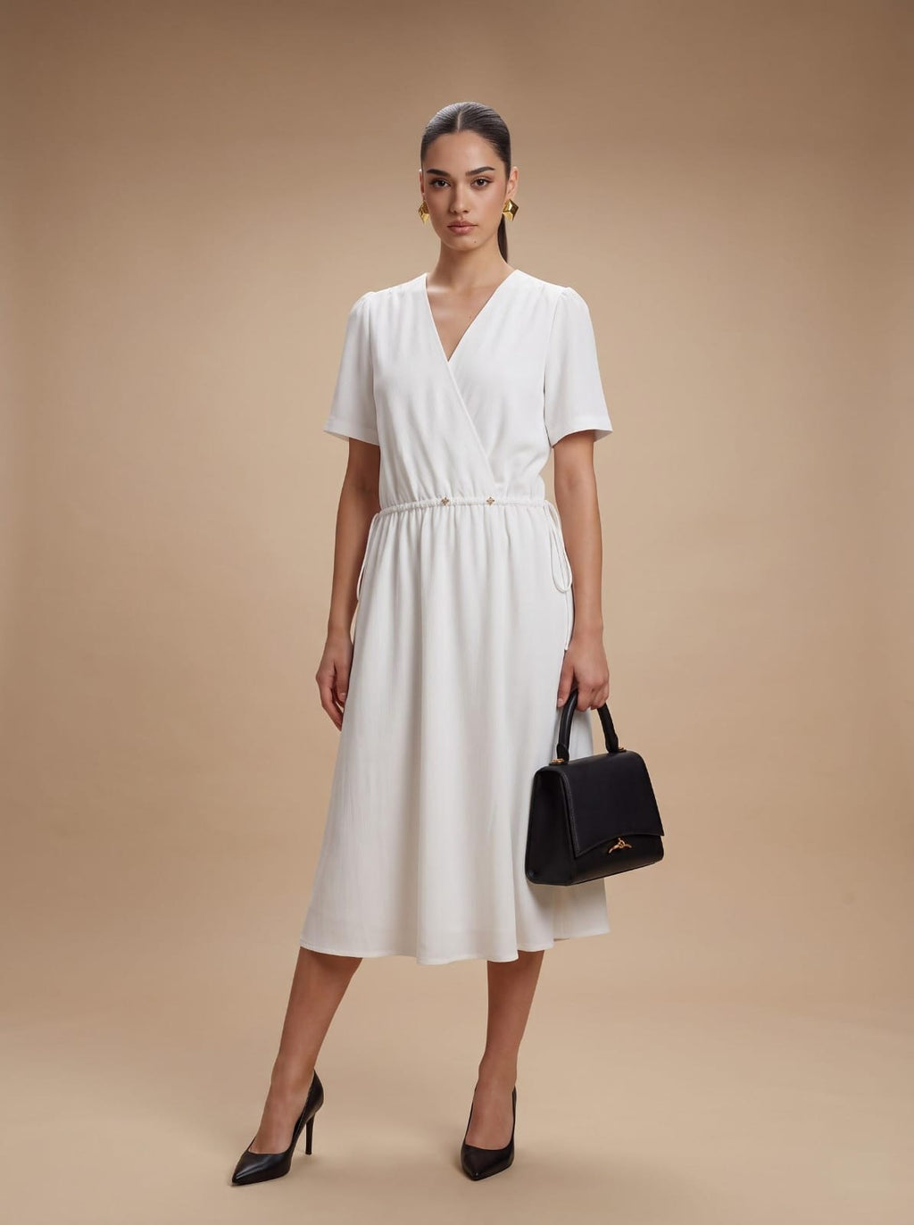 WHITE Textured Surplice V-Neck Midi Dress
