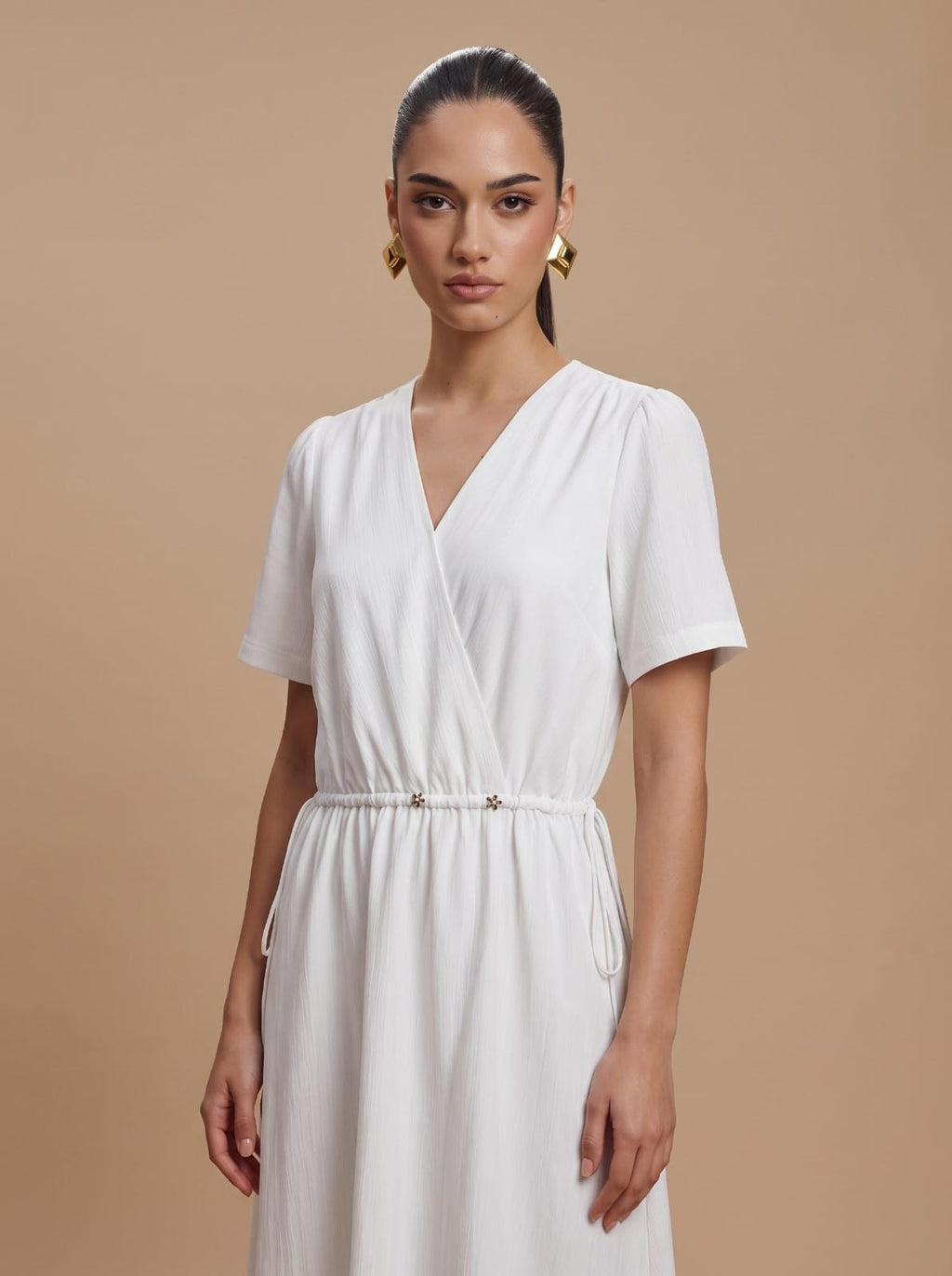 WHITE Textured Surplice V-Neck Midi Dress