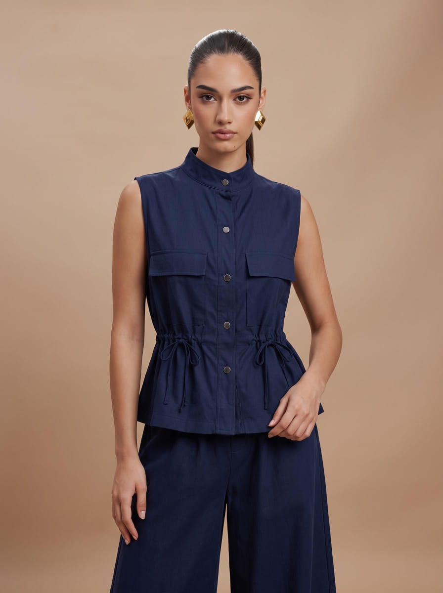 Drawstring Utility Sleeveless Top & Wide-Leg Trousers navy blue Linen Set