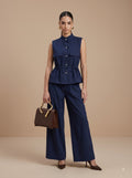 Drawstring Utility Sleeveless Top & Wide-Leg Trousers navy blue Linen Set