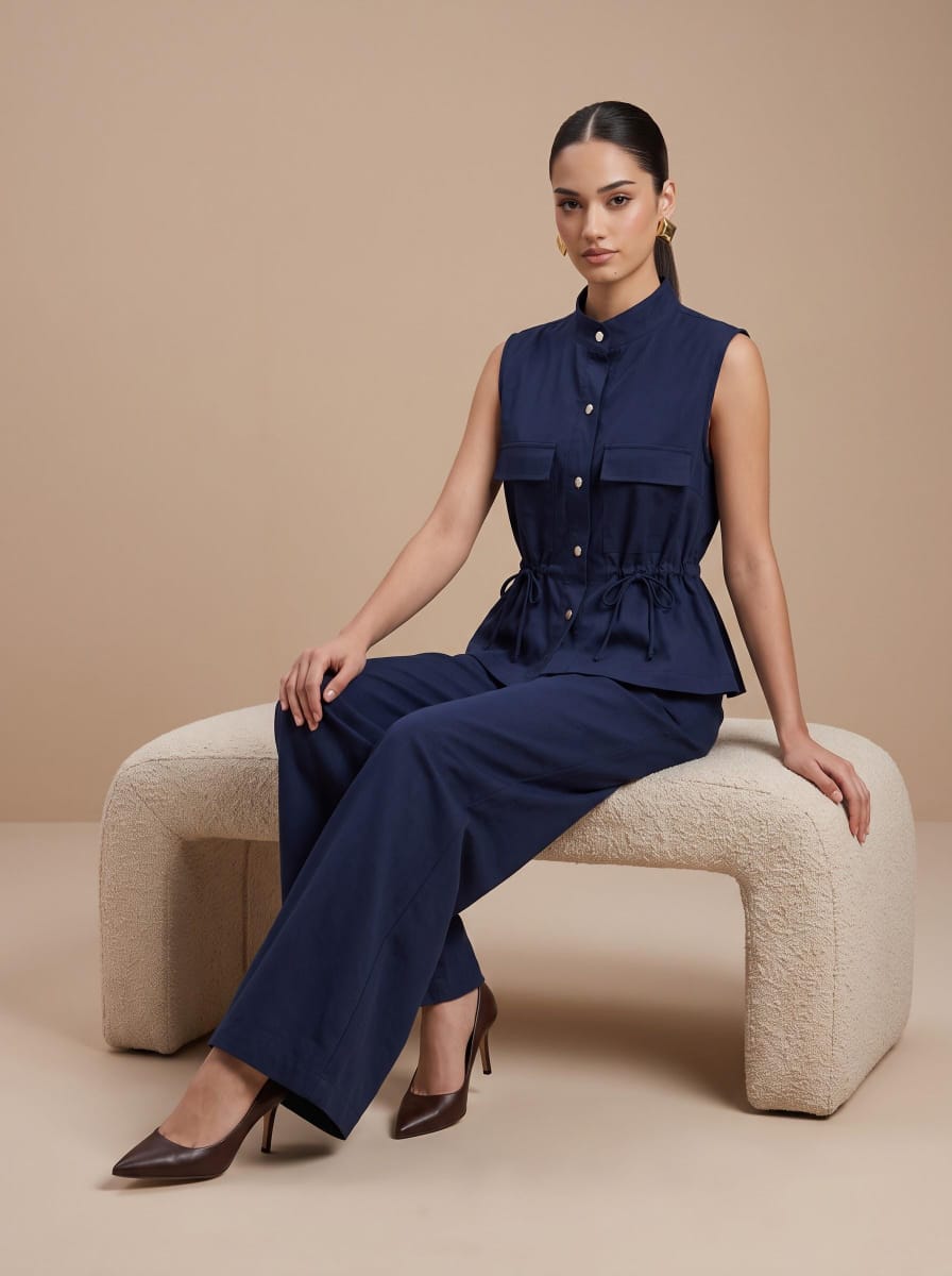 Drawstring Utility Sleeveless Top & Wide-Leg Trousers navy blue Linen Set