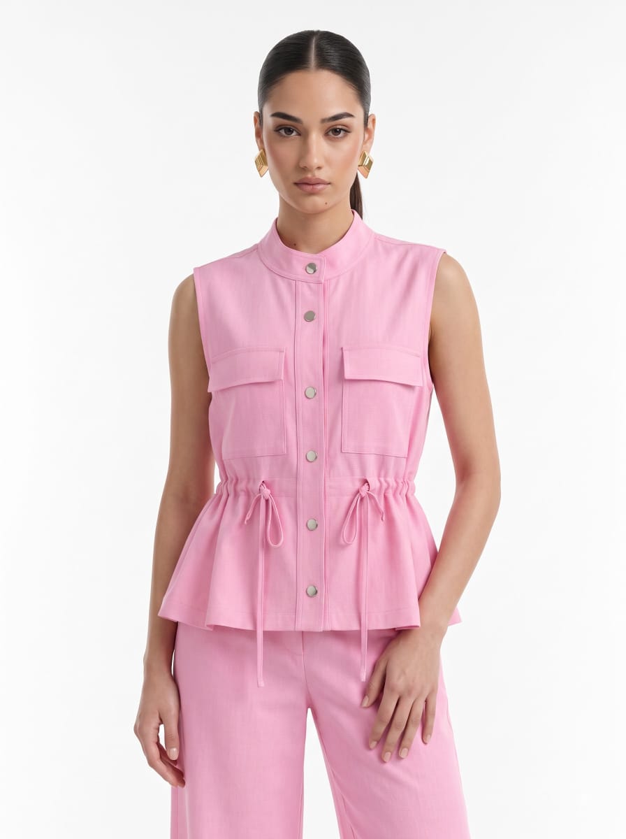 Drawstring Utility Sleeveless Top & Wide-Leg Trousers Pink Linen Set