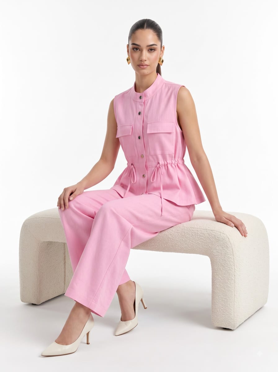 Drawstring Utility Sleeveless Top & Wide-Leg Trousers Pink Linen Set