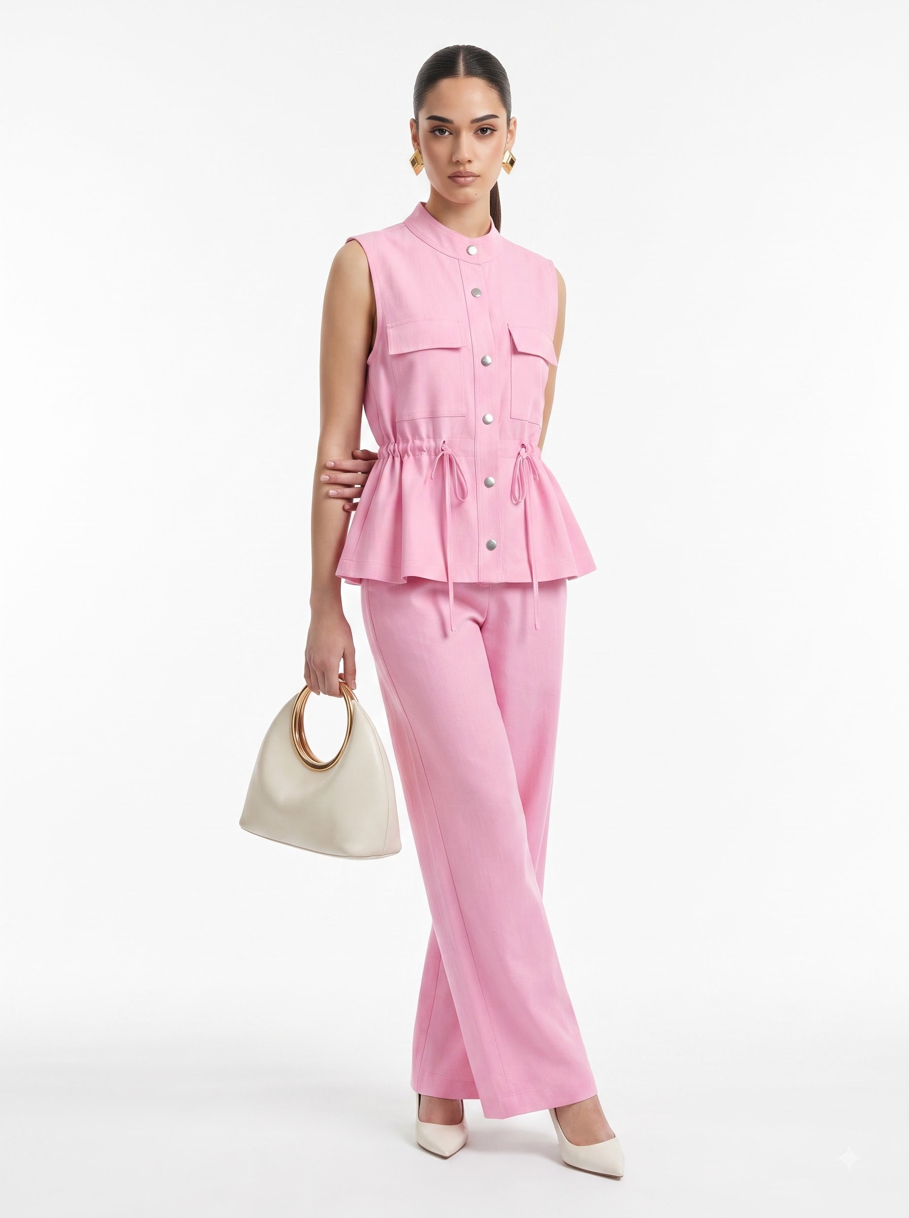 Drawstring Utility Sleeveless Top & Wide-Leg Trousers Pink Linen Set