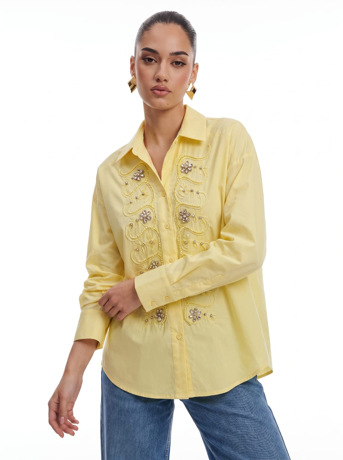 Crystal Floral Embellished Button-Down Yellow Shirt