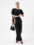 Asymmetrical Cascading Ruffle & Trousers Black Co-ord Set