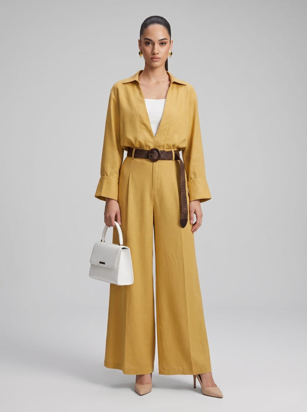 Deep V-Neck Shirt, Inner Cami, Leather Belt & Trousers Mustard 4-Piece Set