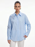 3D Sequin Floral Applique Blue Cotton Shirt