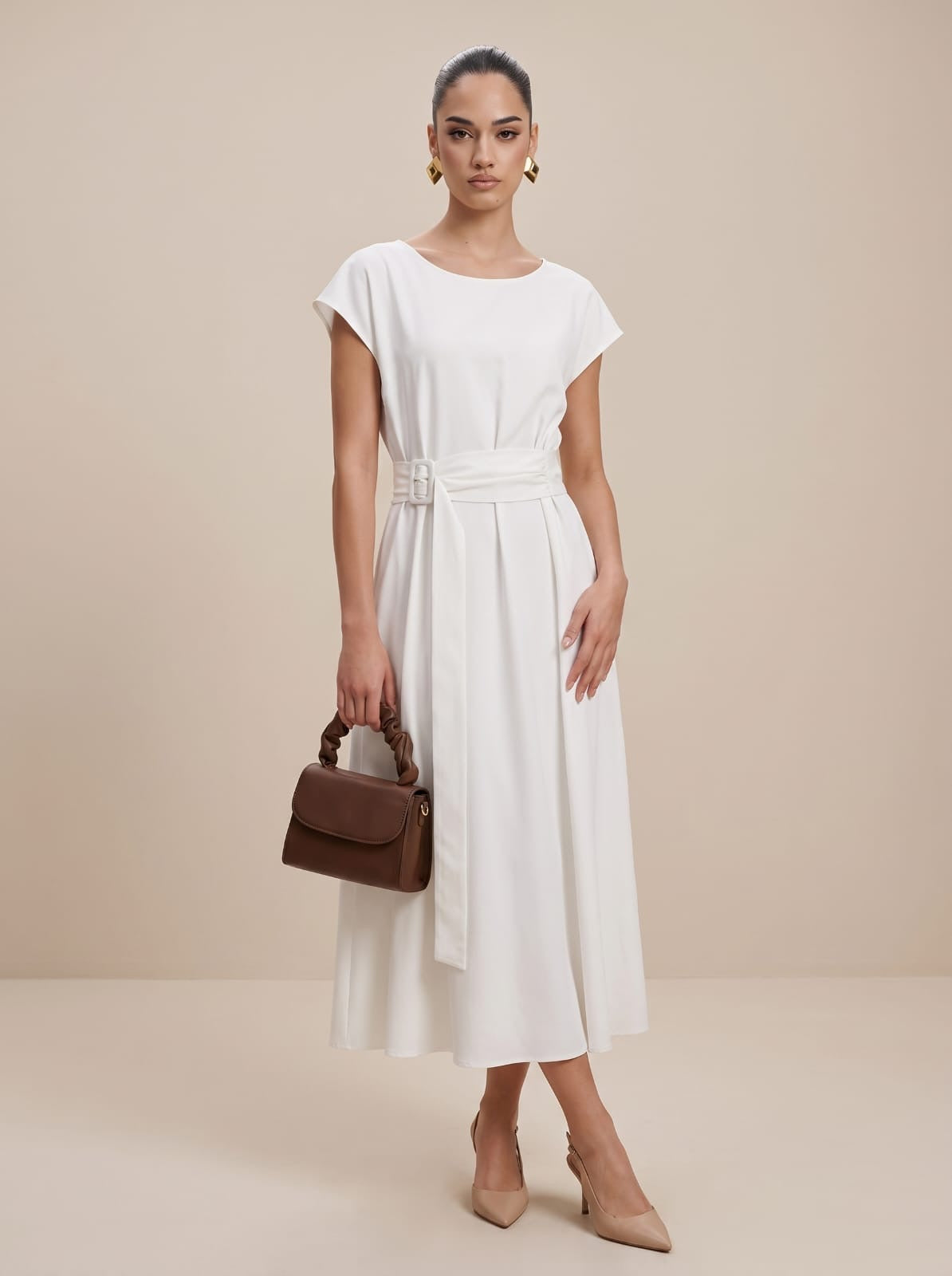 Belted Off-White Cap-Sleeve Midi Dress