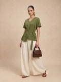 D-Ring Belted Olive Top & Wide-Leg Cream Trousers Set