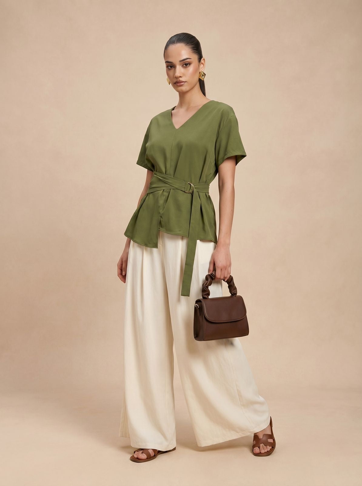 D-Ring Belted Olive Top & Wide-Leg Cream Trousers Set