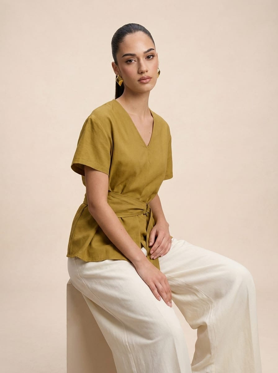 D-Ring Belted mustard Top & Wide-Leg Cream Trousers Set