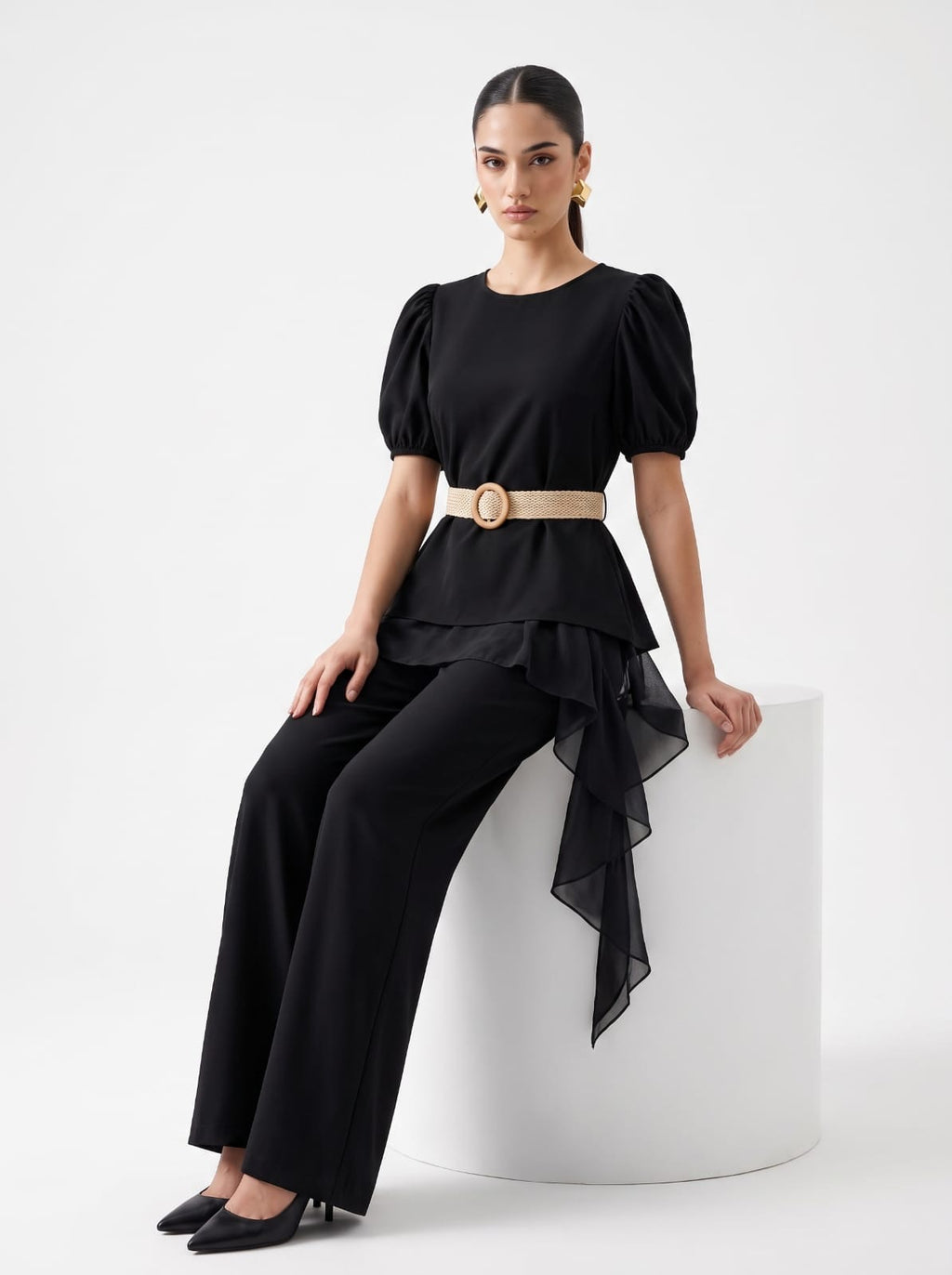 Asymmetrical Cascading Ruffle & Trousers Black Co-ord Set