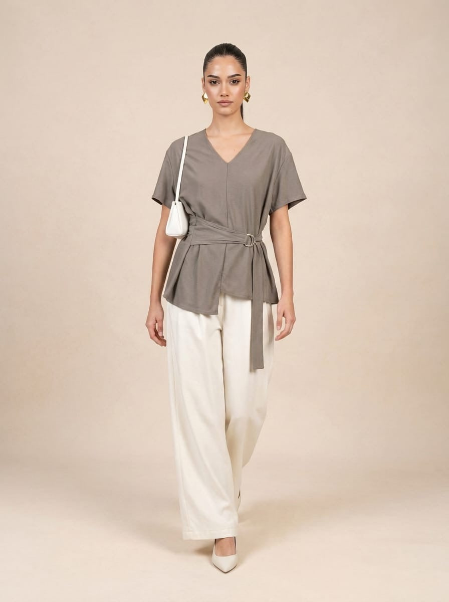 D-Ring Belted gray Top & Wide-Leg Cream Trousers Set