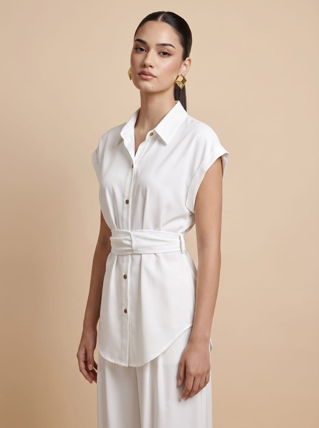 Belted Shirt & Straight Trousers white Co-ord Set