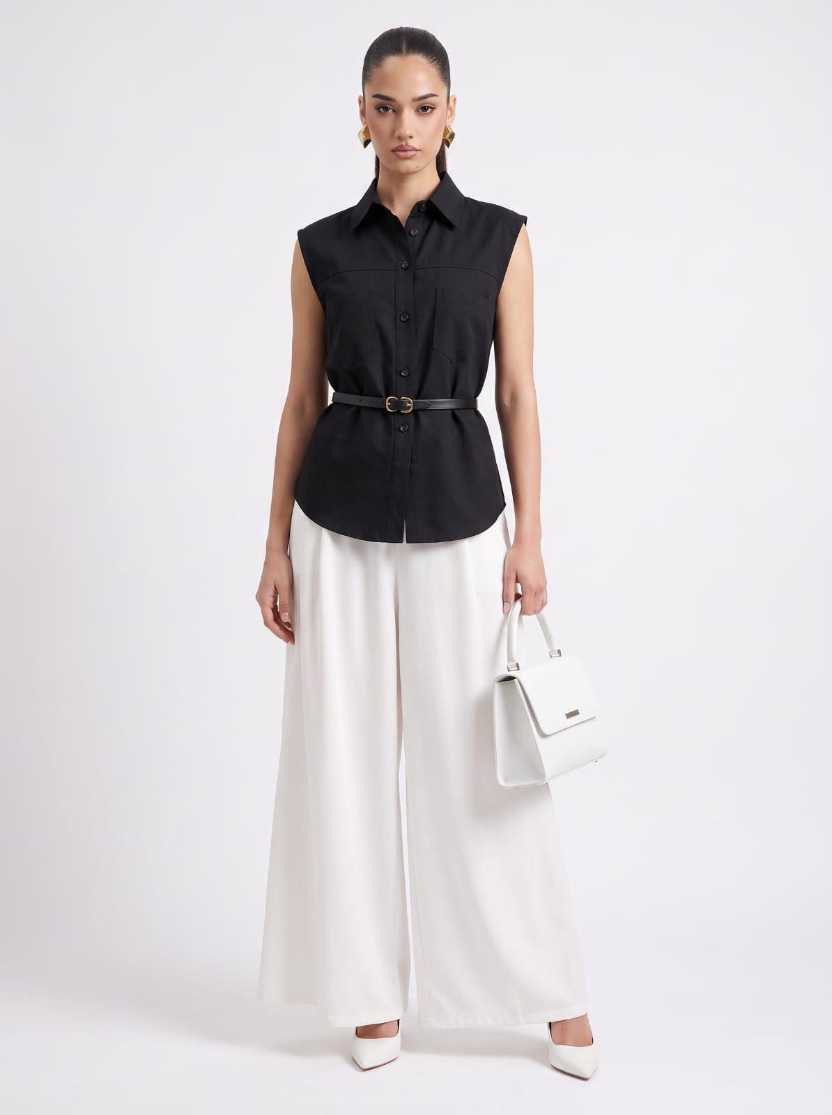 BLACK Linen Sleeveless Shirt & Cream Wide-Leg Satin Trousers Set