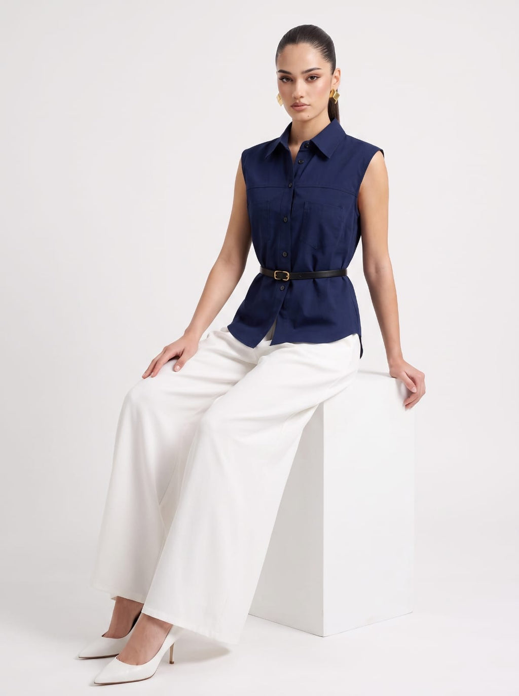 NAVY BLUE Linen Sleeveless Shirt & Cream Wide-Leg Satin Trousers Set