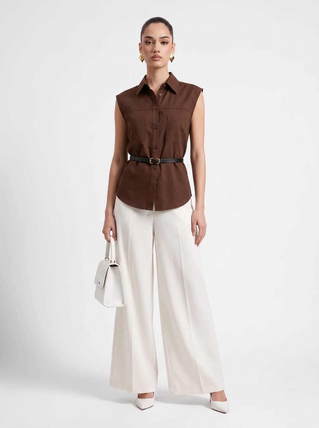 Chocolate Linen Sleeveless Shirt & Cream Wide-Leg Satin Trousers Set
