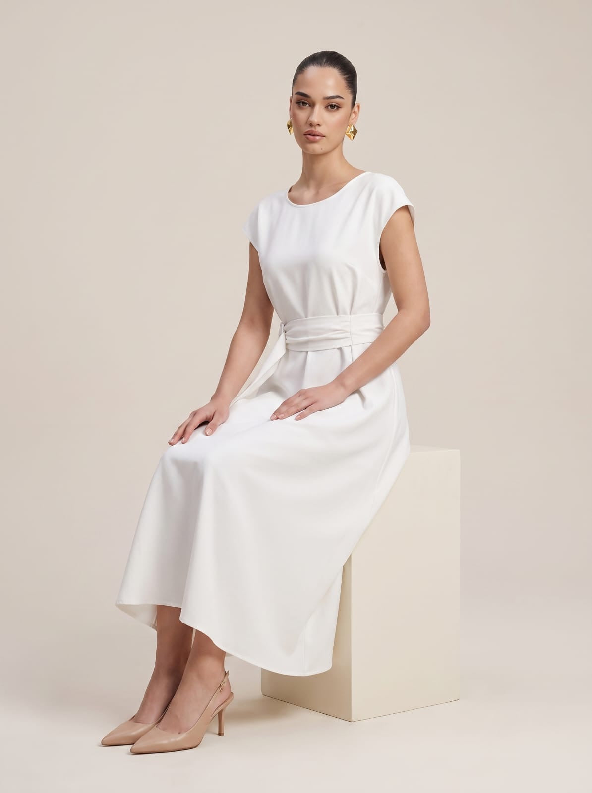 Belted Off-White Cap-Sleeve Midi Dress