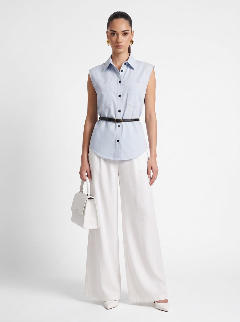 SKY BLUE Linen Sleeveless Shirt & Cream Wide-Leg Satin Trousers Set