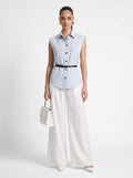SKY BLUE Linen Sleeveless Shirt & Cream Wide-Leg Satin Trousers Set