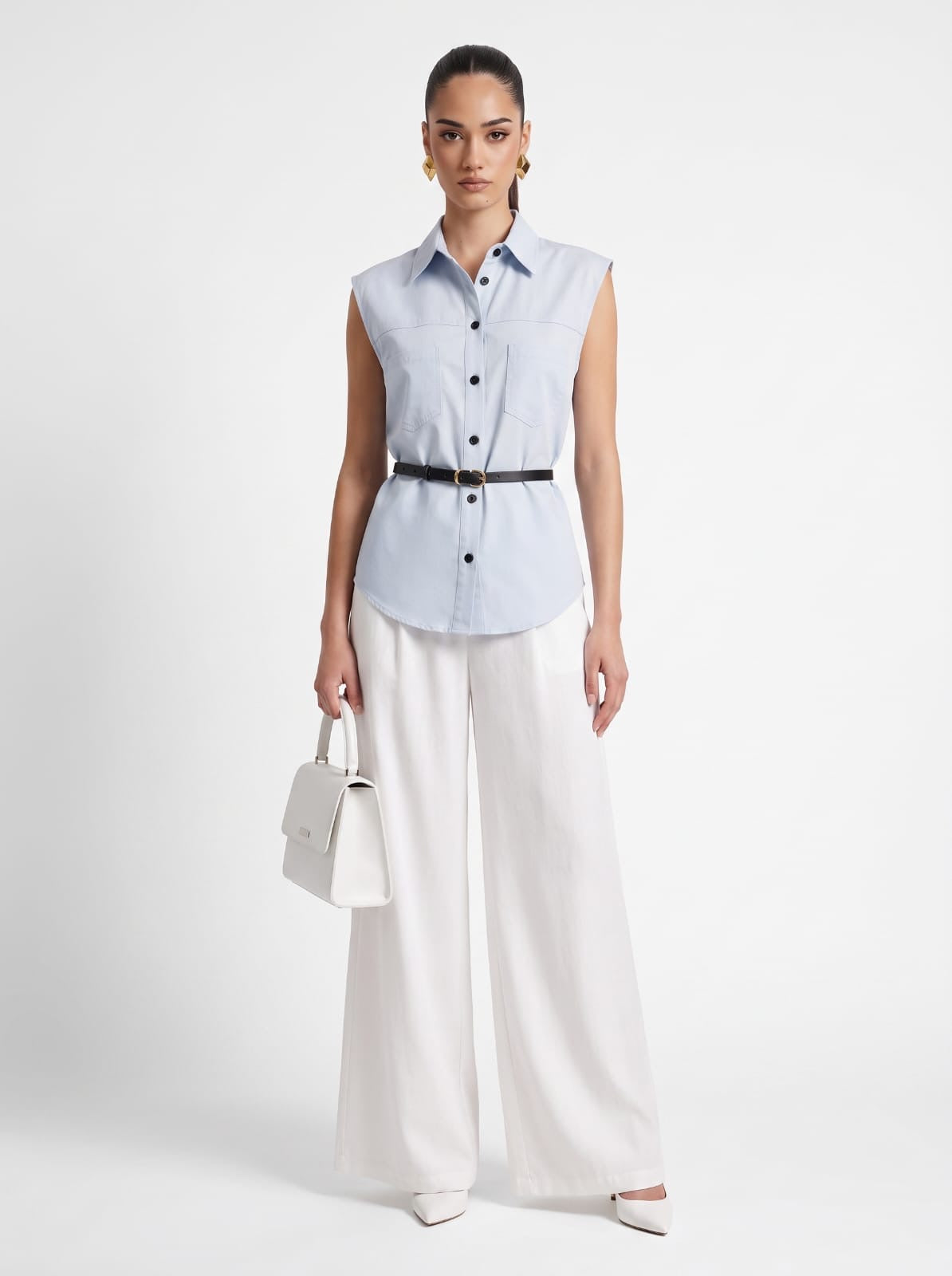 SKY BLUE Linen Sleeveless Shirt & Cream Wide-Leg Satin Trousers Set