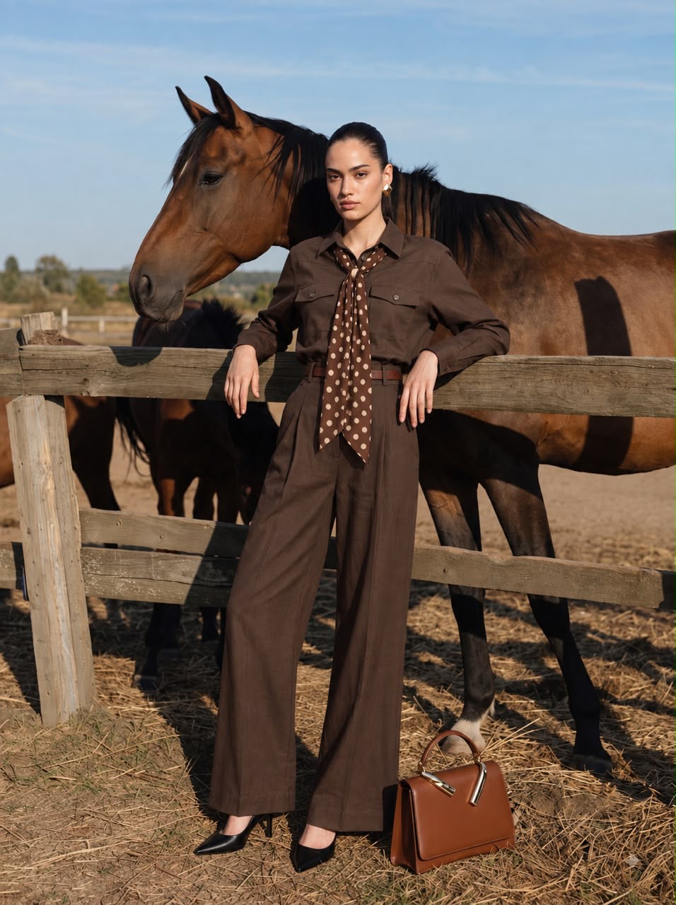 Utility Shirt, Polka Dot Silk Scarf, Leather Belt & Trousers Chocolate Brown 4-Piece Set