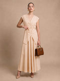 Scalloped Lace Wrap Top & Pleated Midi Skirt PEACH Set