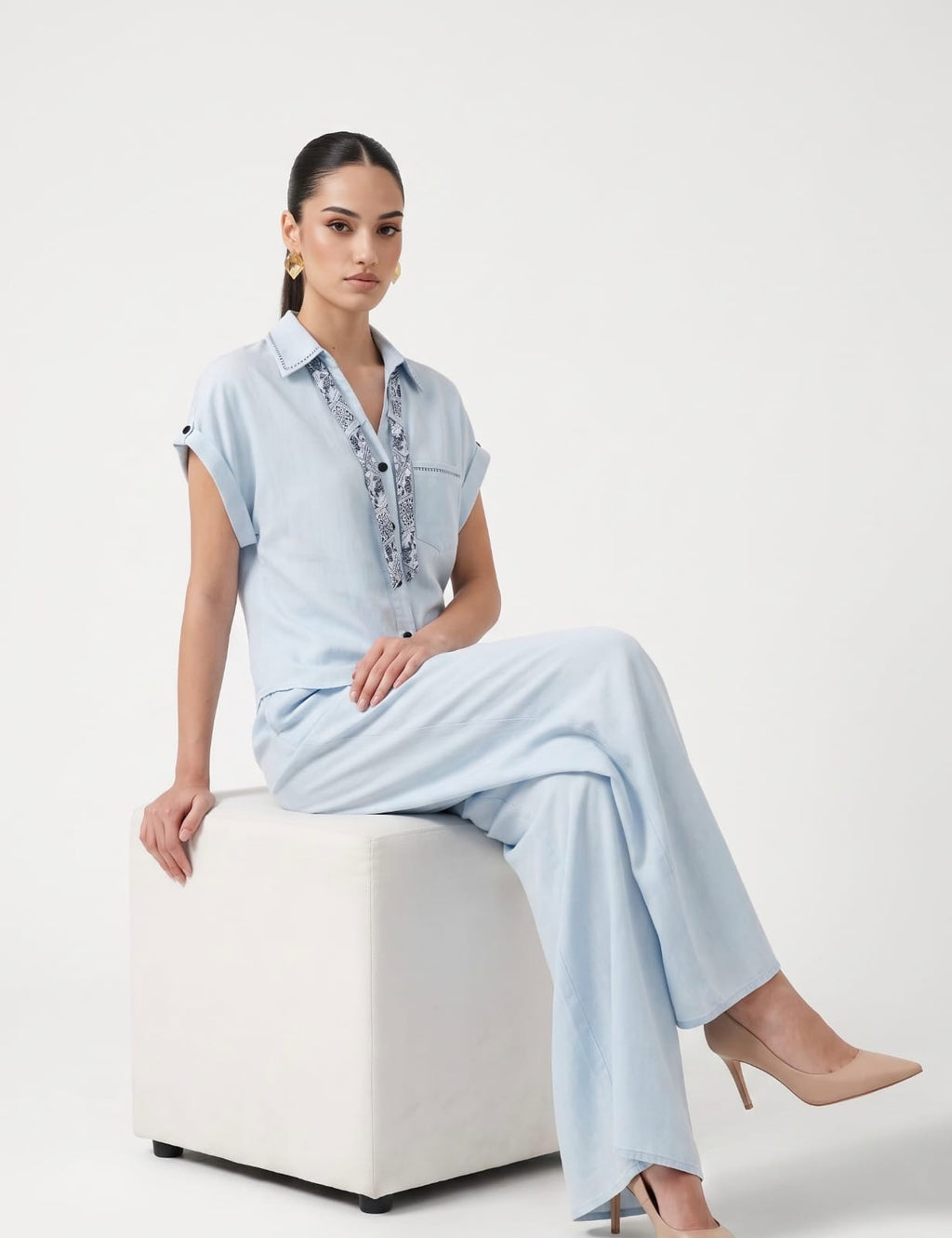 Scarf-Detailed Short-Sleeve Shirt & Wide-Leg Trousers Powder Blue Co-ord Set