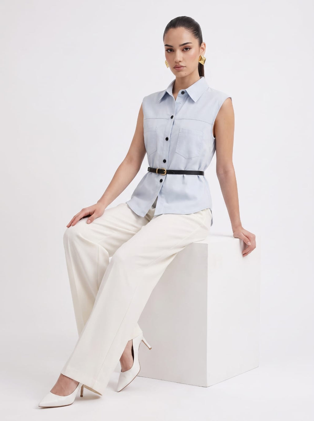 SKY BLUE Linen Sleeveless Shirt & Cream Wide-Leg Satin Trousers Set