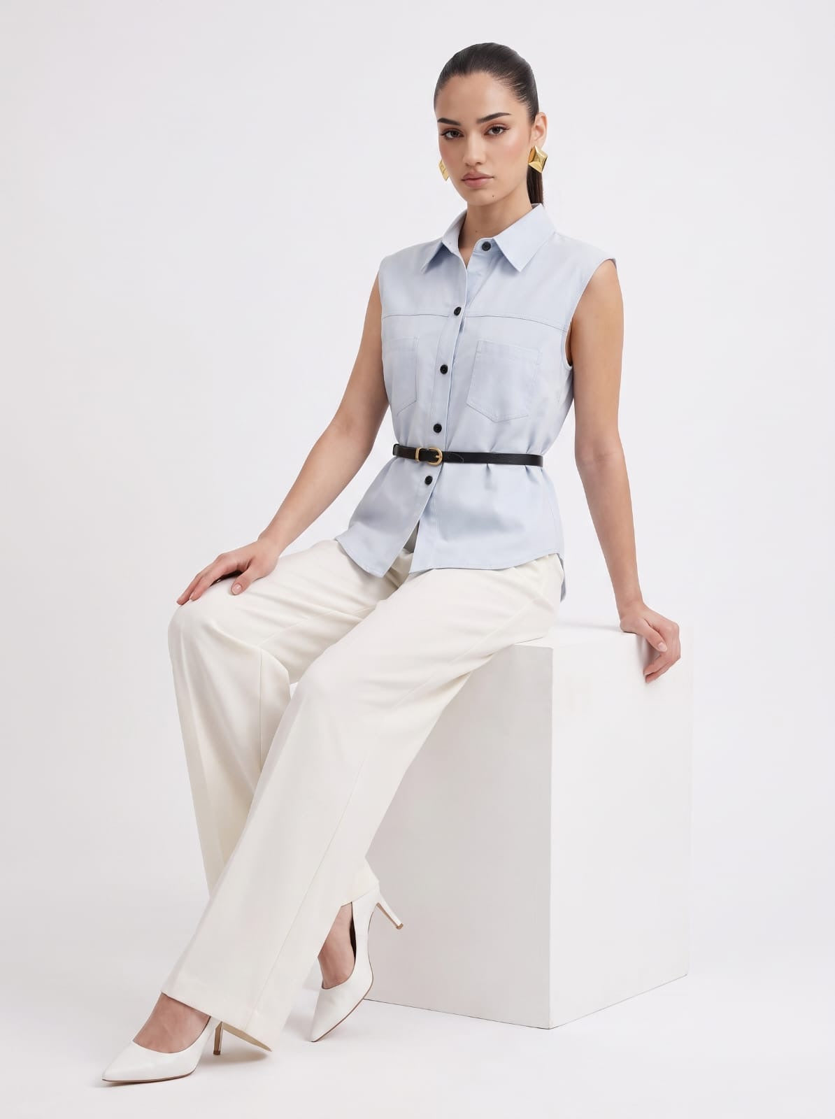 SKY BLUE Linen Sleeveless Shirt & Cream Wide-Leg Satin Trousers Set