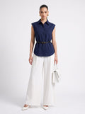 NAVY BLUE Linen Sleeveless Shirt & Cream Wide-Leg Satin Trousers Set