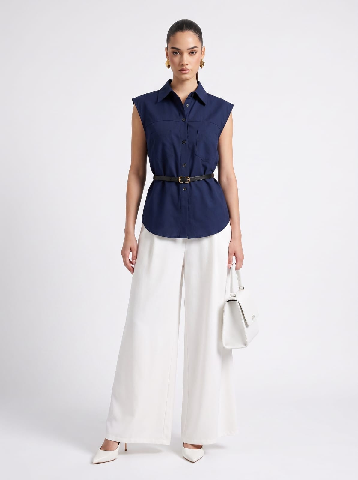 NAVY BLUE Linen Sleeveless Shirt & Cream Wide-Leg Satin Trousers Set