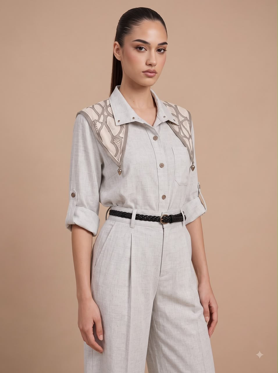 Printed Scarf Shirt & Wide-Leg Trousers Light Blue 3-Piece Set
