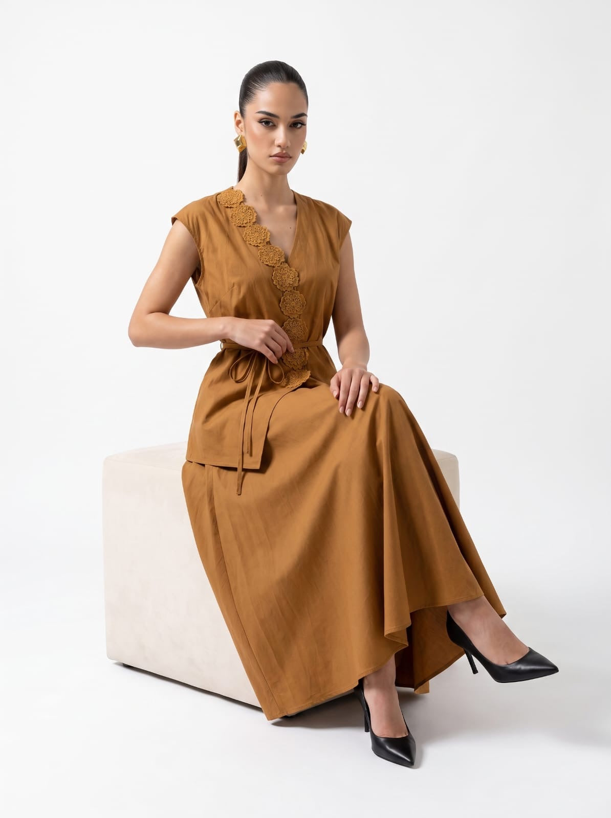 Scalloped Lace Wrap Top & Pleated Midi Skirt COFFEE  Set
