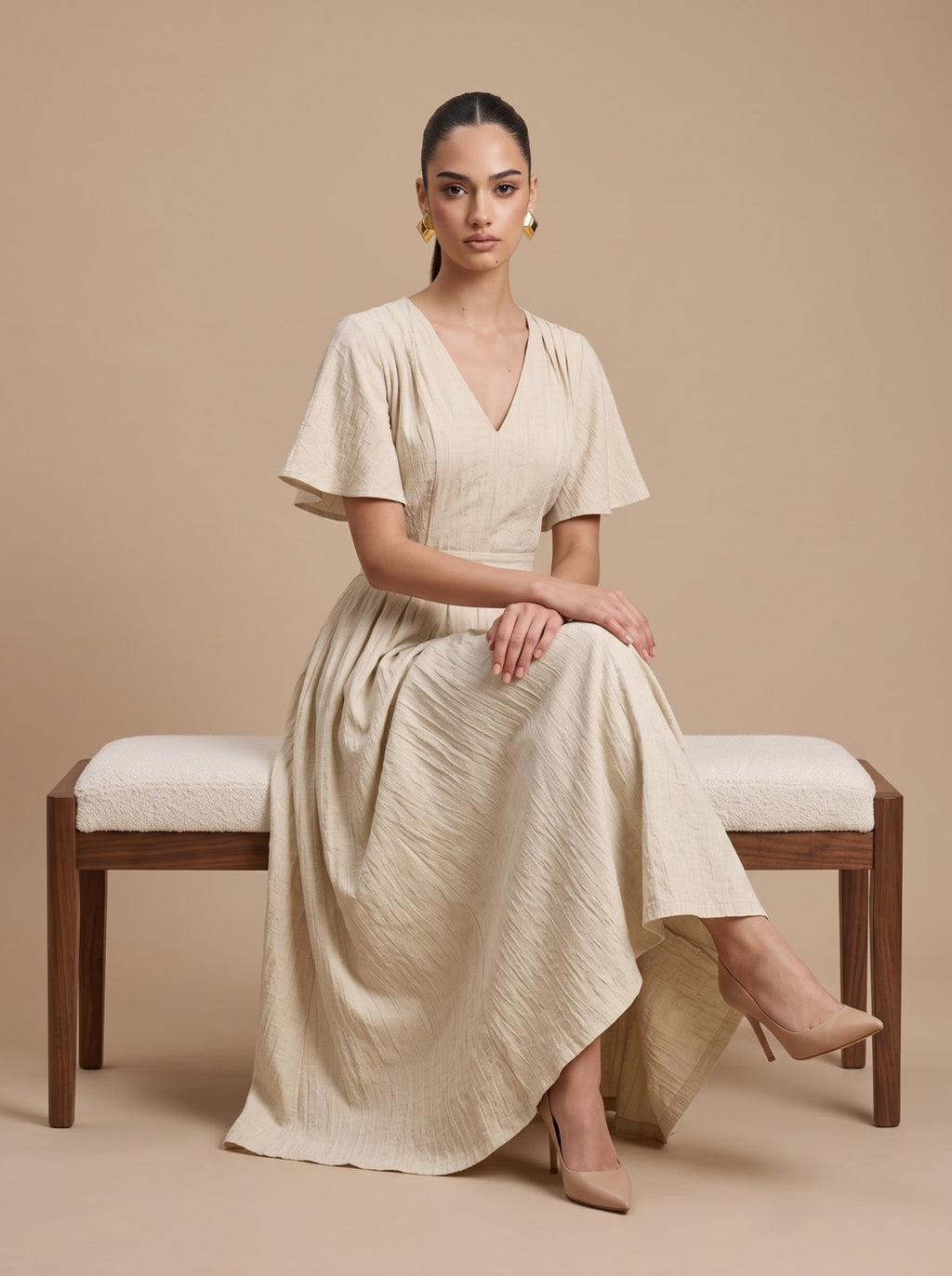 Textured Crinkle V-Neck Flutter Sleeve Midi Dress