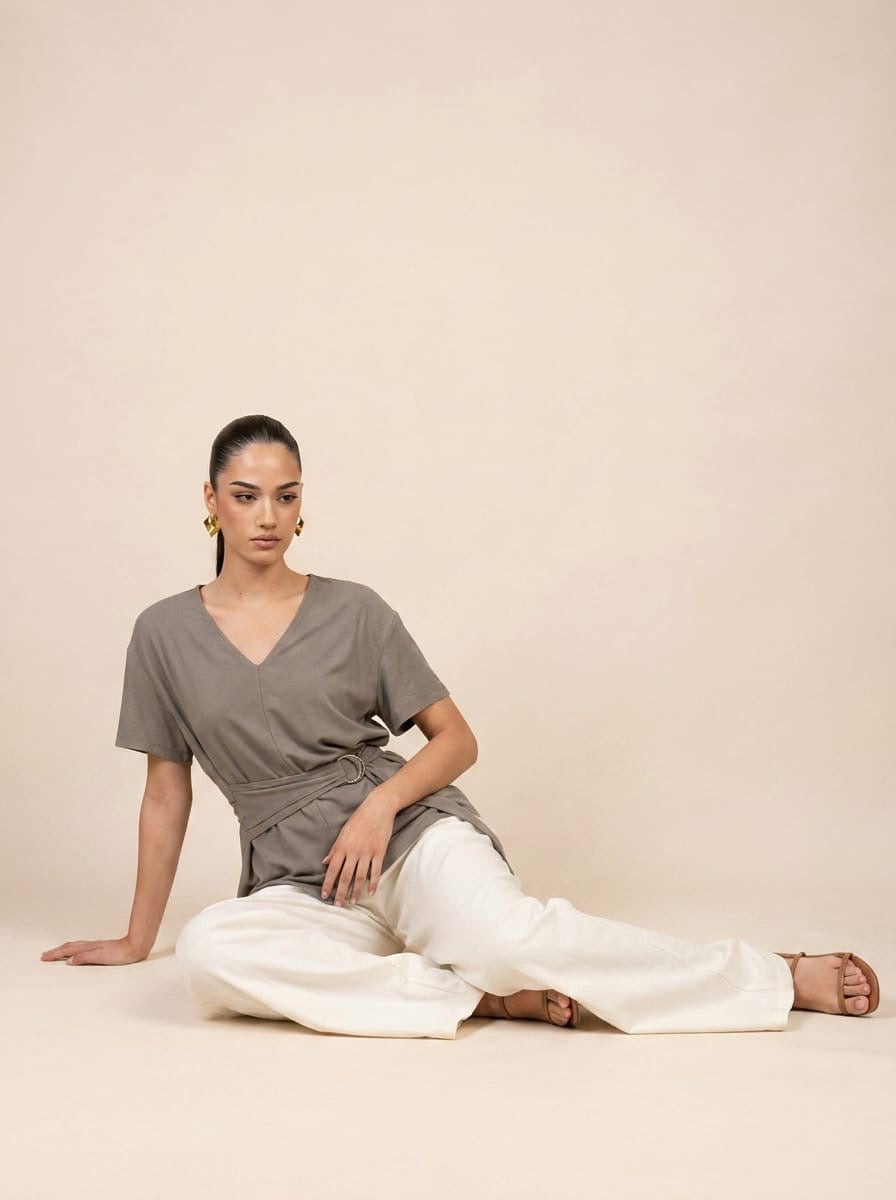 D-Ring Belted gray Top & Wide-Leg Cream Trousers Set